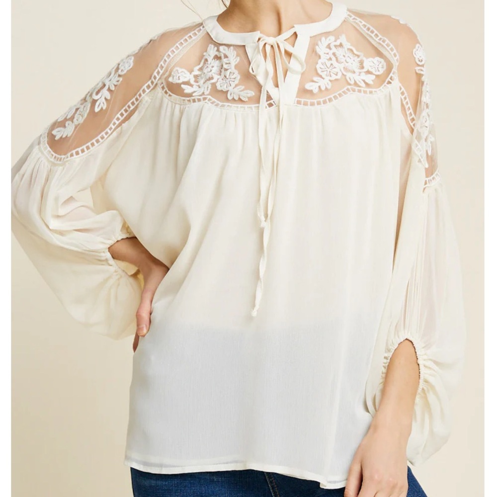 Hayden Los Angeles Sheer Tie Front Peasant Top